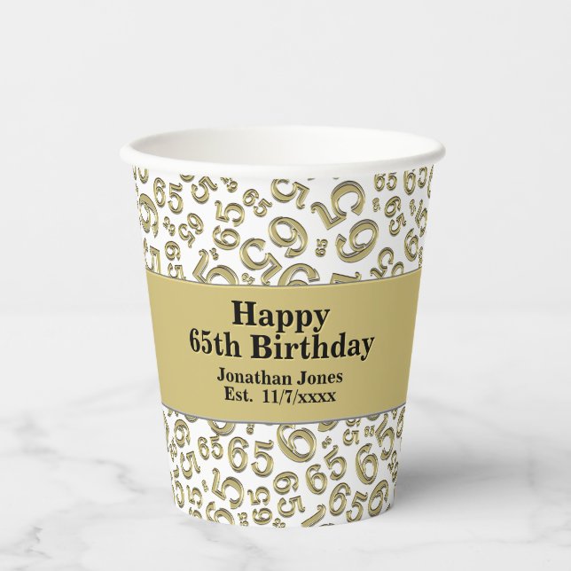 65th Birthday Gold/White Random Number Pattern 65 Paper Cups (Front)