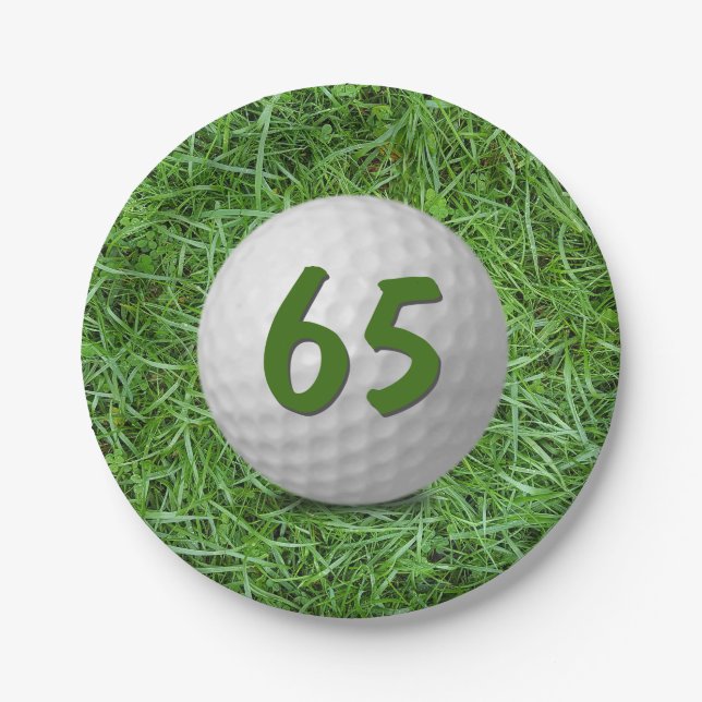 65th Birthday Golf Ball on Grass  Paper Plate (Front)