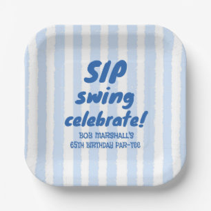 65th Birthday Golf Bold Blue Typography Stripes Paper Plate