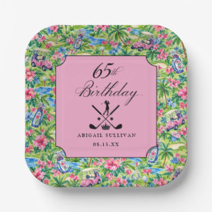 65th Birthday Golf Pink Green Preppy Print Paper Plate