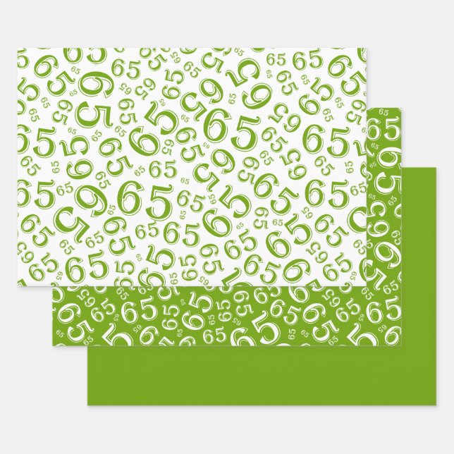 65th Birthday Green & White Number Pattern 65 Wrapping Paper Sheet (Set)