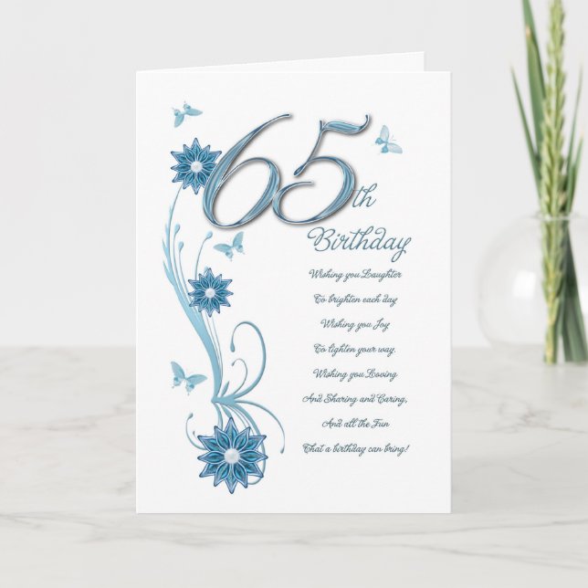 65th birthday in teal with flowers and butterfly card (Front)