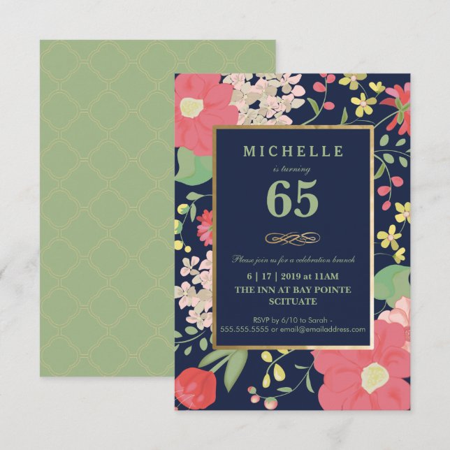 65th Birthday Invitation - Gold, Elegant Floral (Front/Back)