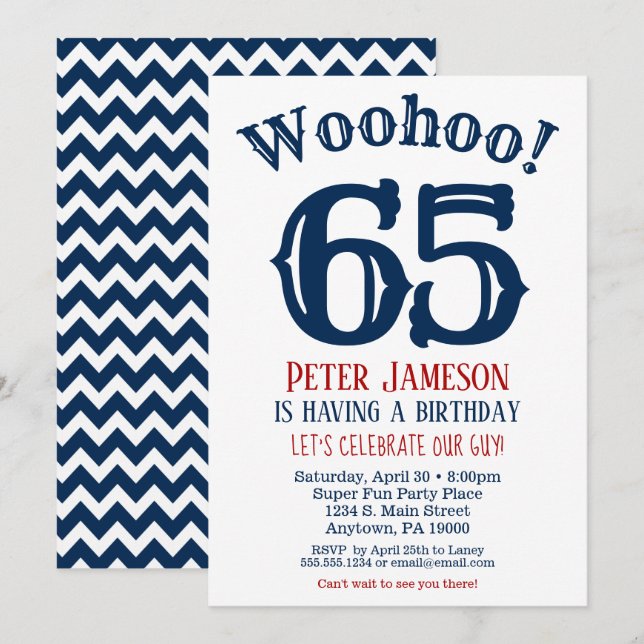 65th Birthday Invitation Mens Navy Blue (Front/Back)