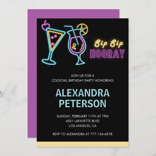 65th birthday invitations Cocktail Neon Glow (Front/Back)