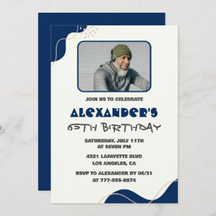 65th birthday invitations Men Blue Simple Photo