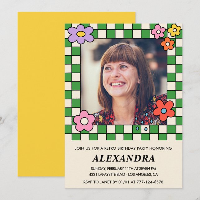 65th birthday invitations Retro Groovy Flowers (Front/Back)