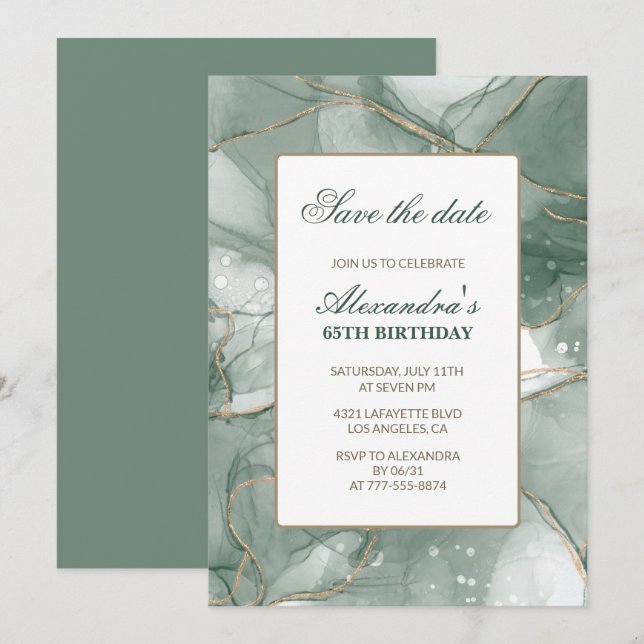 65th birthday invitations Save the date Green (Front/Back)