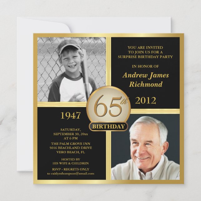 65th Birthday Invitations Then & Now 2 Photos (Front)