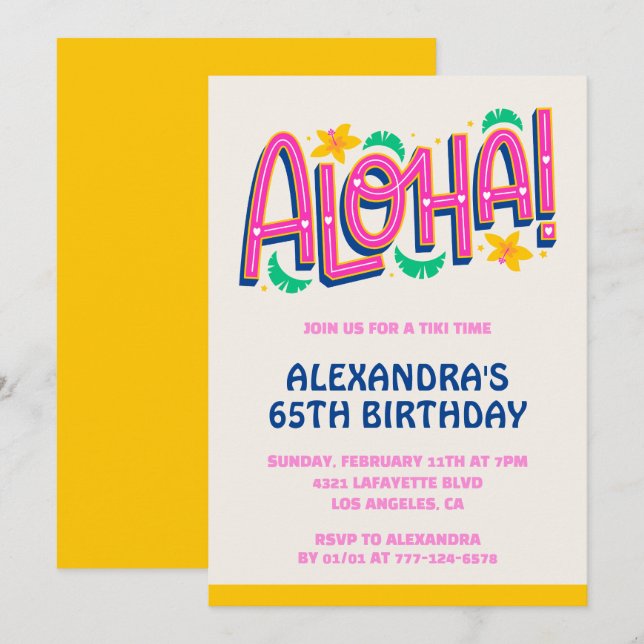 65th birthday invitations Tropical Aloha Hawaii (Front/Back)