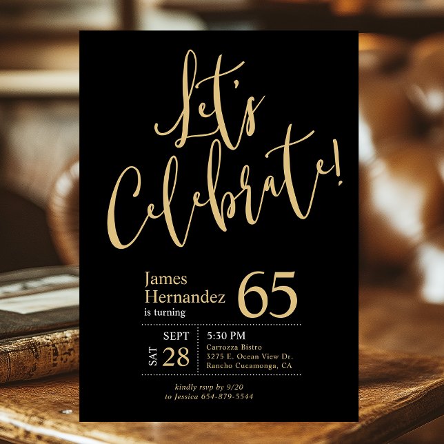 65th Birthday Let's Celebrate Black Gold Invitation (Creator Uploaded)