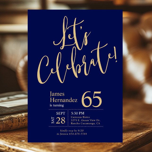 65th Birthday Let's Celebrate Navy Blue Gold Invitation (Creator Uploaded)