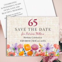 65th Birthday Linen Garden 65 Year Save the Date P