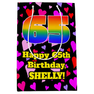 65th Birthday: Loving Hearts Pattern, Rainbow # 65 Medium Gift Bag