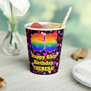 65th Birthday: Loving Hearts Pattern, Rainbow 65 Paper Cups