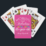 65th Birthday Most Fabulous Colorful Gems Pink Playing Cards<br><div class="desc">Celebrate the milestone birthday of your favorite senior citizen with this fun gift reminding them of how fabulous they are. White and grey lettering on deep pink background. Colorful diamond-cut gems in rainbow tones serve as accent. Customize with names, initials or other text. This series is in increments of 5...</div>