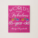 65th Birthday Most Fabulous Colourful Gems Pink Jigsaw Puzzle<br><div class="desc">Celebrate the milestone birthday of your favourite senior citizen with this fun gift reminding them of how fabulous they are. White and grey lettering on deep pink background. Colourful diamond-cut gems in rainbow tones serve as accent. Customise with names, initials or other text. This series is in increments of 5...</div>