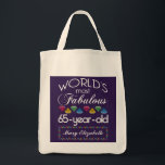 65th Birthday Most Fabulous Colourful Gems Purple Tote Bag<br><div class="desc">Celebrate the milestone birthday of your favourite senior citizen with this fun gift reminding them of how fabulous they are. White and grey lettering on deep purple background. Colourful diamonds in rainbow tones serve as accent. Customise with names, initials or other text. This series is in increments of 5 years...</div>