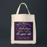 65th Birthday Most Fabulous Colourful Gems Purple Tote Bag<br><div class="desc">Celebrate the milestone birthday of your favourite senior citizen with this fun gift reminding them of how fabulous they are. White and grey lettering on deep purple background. Colourful diamonds in rainbow tones serve as accent. Customise with names, initials or other text. This series is in increments of 5 years...</div>
