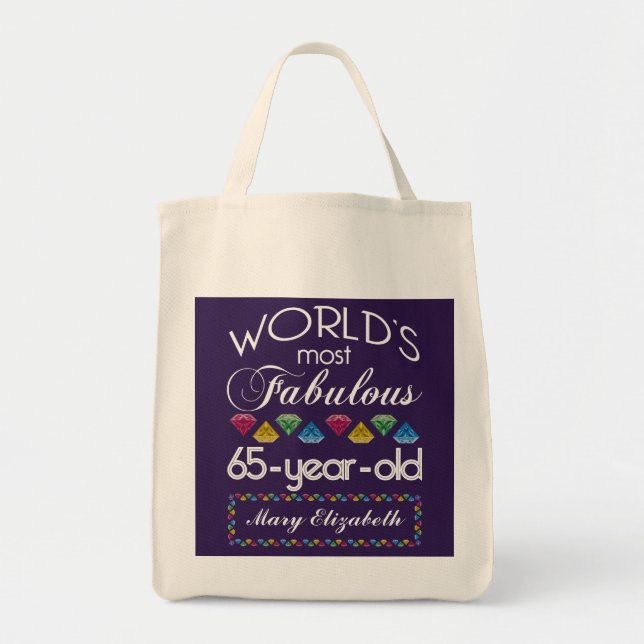 65th Birthday Most Fabulous Colourful Gems Purple Tote Bag (Front)