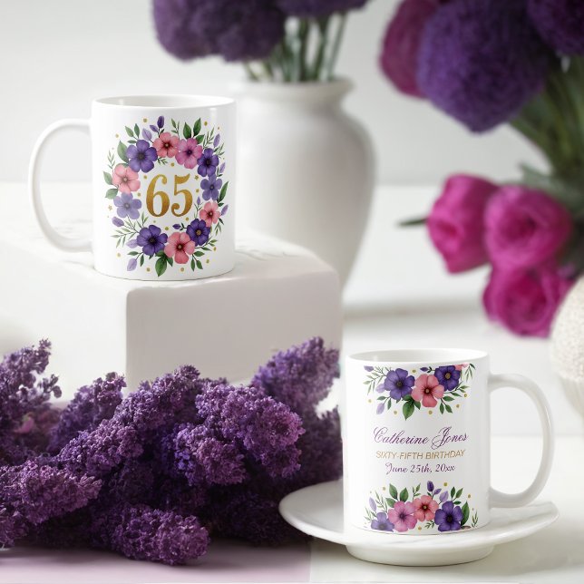 65th Birthday Mug – Floral Wreath with Gold Number (Creator Uploaded)