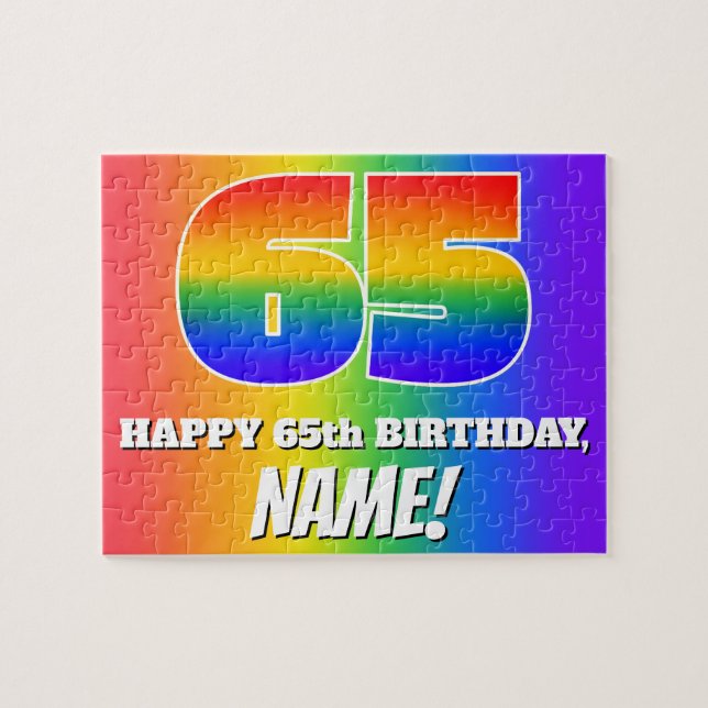 65th Birthday — Multicolored Rainbow Pattern “65” Jigsaw Puzzle (Horizontal)