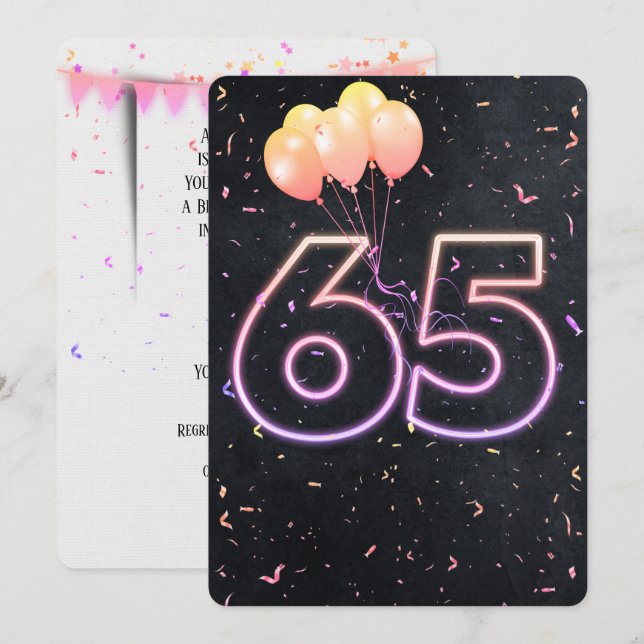 65th Birthday Neon Sign On Black Invitation (Front/Back)