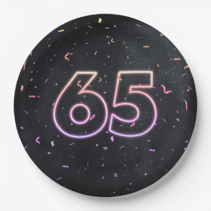65th Birthday Neon Sign On Black Paper Plate