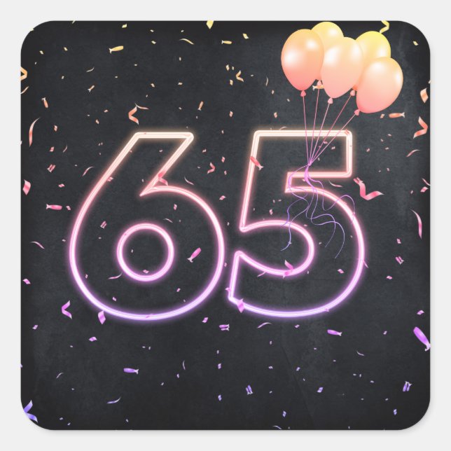 65th Birthday Neon Sign On Black Square Sticker (Front)