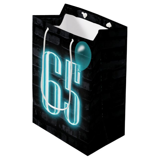 65th Birthday Neon Sign on Brick Medium Gift Bag (Front Angled)