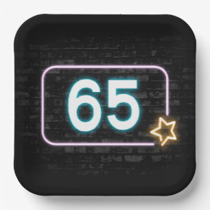 65th Birthday Neon Sign On Brick Paper Plate