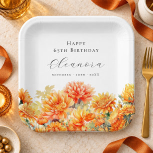65th Birthday November Birth Flower Chrysanthemum Paper Plate
