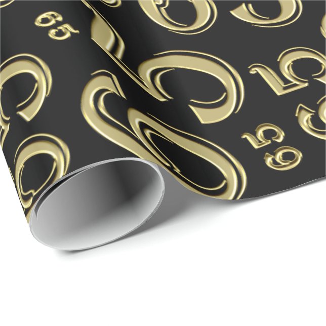 65th Birthday Number Pattern 65 Black and Gold Wrapping Paper (Roll Corner)