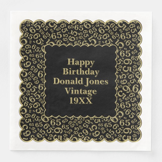 65th Birthday Number Pattern Scallops Gold/Black Napkin (Front)