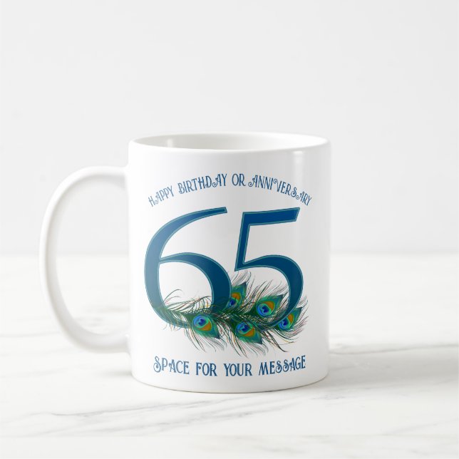 65th Birthday Or Anniversary Peacock Feather Coffee Mug (Left)