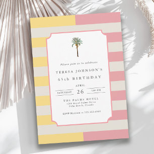 65th Birthday Palm Beach Pastel Stripe Tropical Invitation