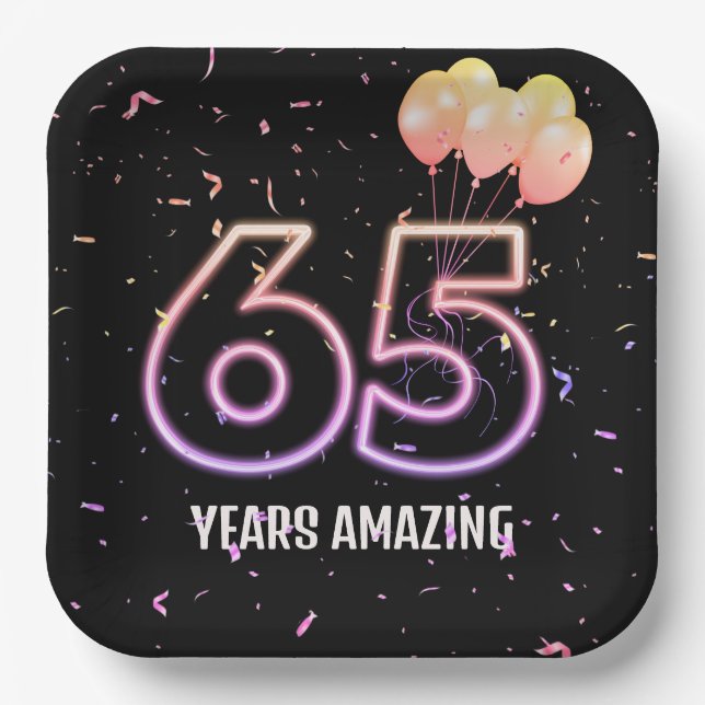 65th Birthday Party Balloons and Confetti Paper Plate (Front)