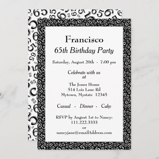 65th Birthday Party, Black/White Number Pattern Invitation (Front/Back)
