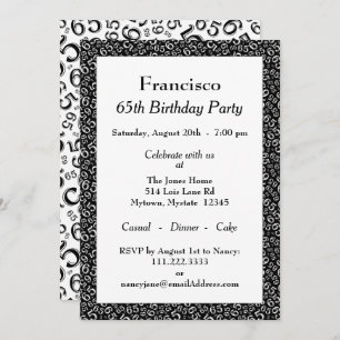 65th Birthday Party, Black/White Number Pattern Invitation