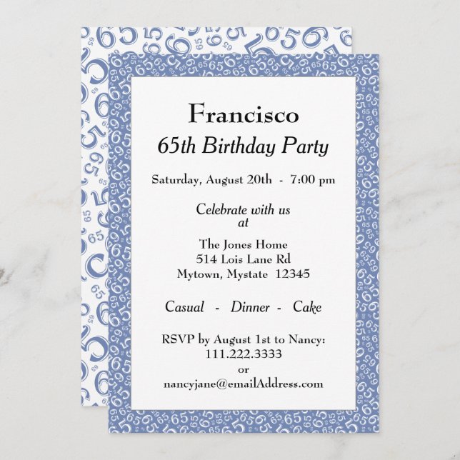 65th Birthday Party, Blue/White Number Pattern Invitation (Front/Back)