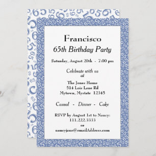 65th Birthday Party, Blue/White Number Pattern Invitation