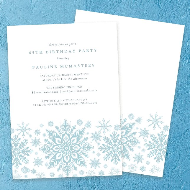 65th Birthday Party Blue White Snowflake Winter Invitation (Creator Uploaded)
