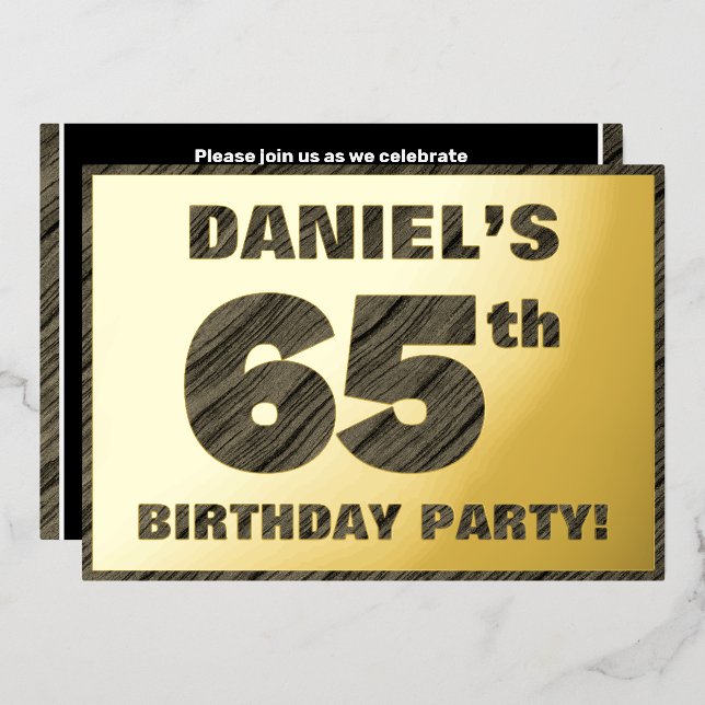 65th Birthday Party — Bold, Faux Wood Grain Text (Front/Back)