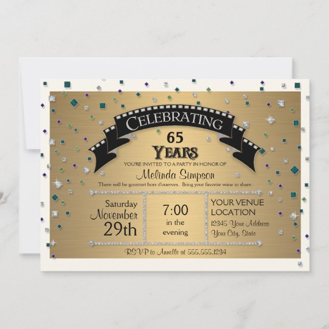 65th Birthday Party Celebrate Faux Jewel Confetti Invitation (Front)