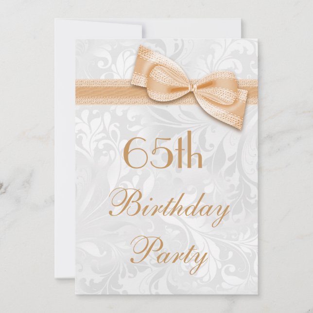 65th Birthday Party Damask and Faux Bow Invitation (Front)