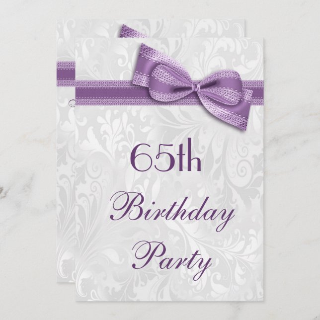 65th Birthday Party Damask and Purple Faux Bow Invitation (Front/Back)