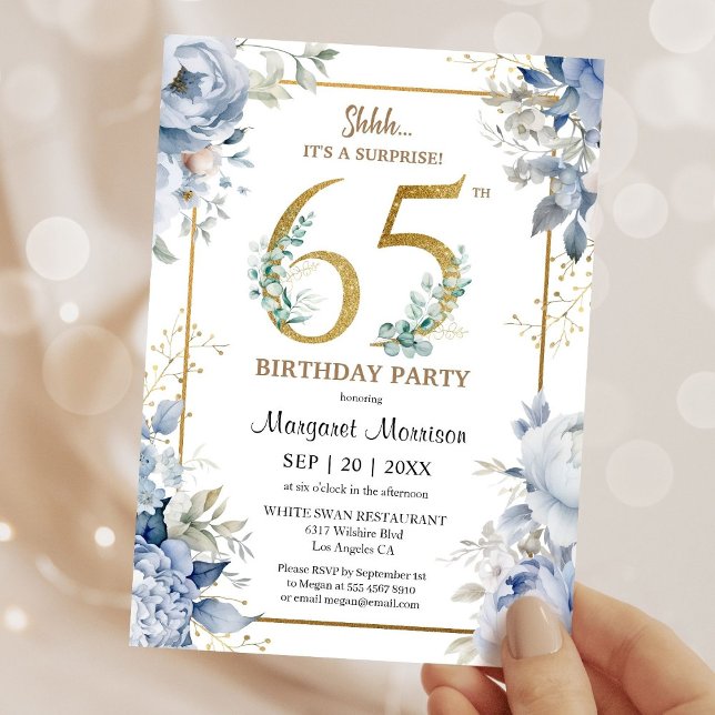 65th Birthday Party Elegant Dusty Blue Floral Invitation (Creator Uploaded)