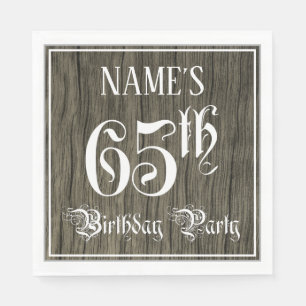 65th Birthday Party — Fancy Script, Faux Wood Look Napkin