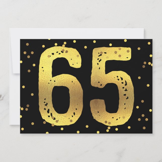 65th Birthday Party Faux Gold Foil Confetti Black Invitation (Front)