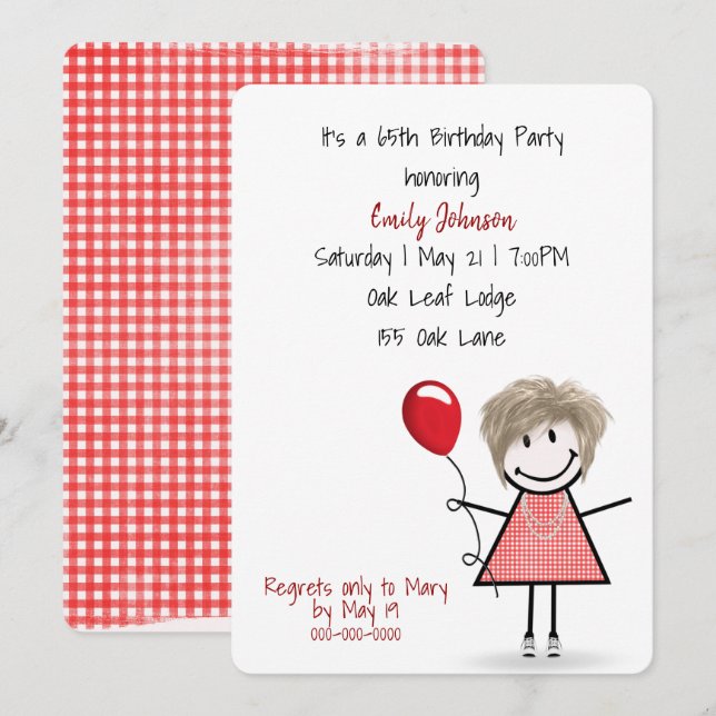 65th Birthday Party Girl with Red Balloon   Invitation (Front/Back)